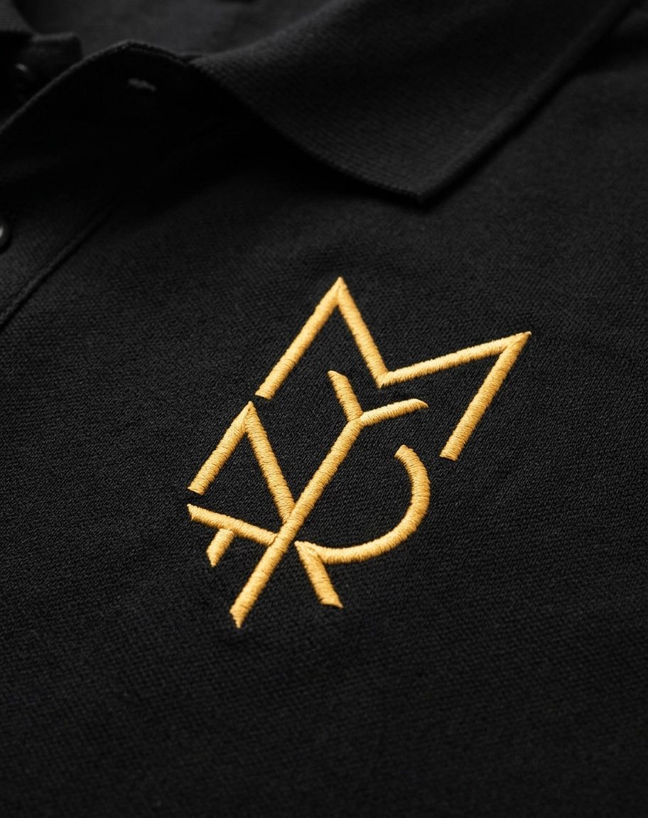 MYTRN monogram embroidered in gold thread on a black polo shirt