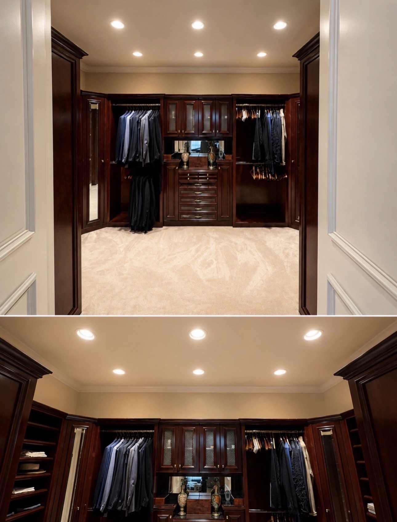 Two views of a walk-in closet with dark cherry cabinetry and hanging suits, lit by newly installed recessed ceiling lights